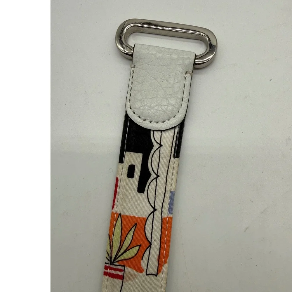 Talbots Womens XS White Leather Fabric Abstract Print Belt Silver Stud Closure
